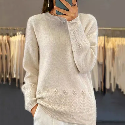 Women's Solid Color 3D Floral Embroidered Sweater, Loose Round Neck Long Sleeve Pullover For Autumn & Winter Beige - Shop at LoveMi