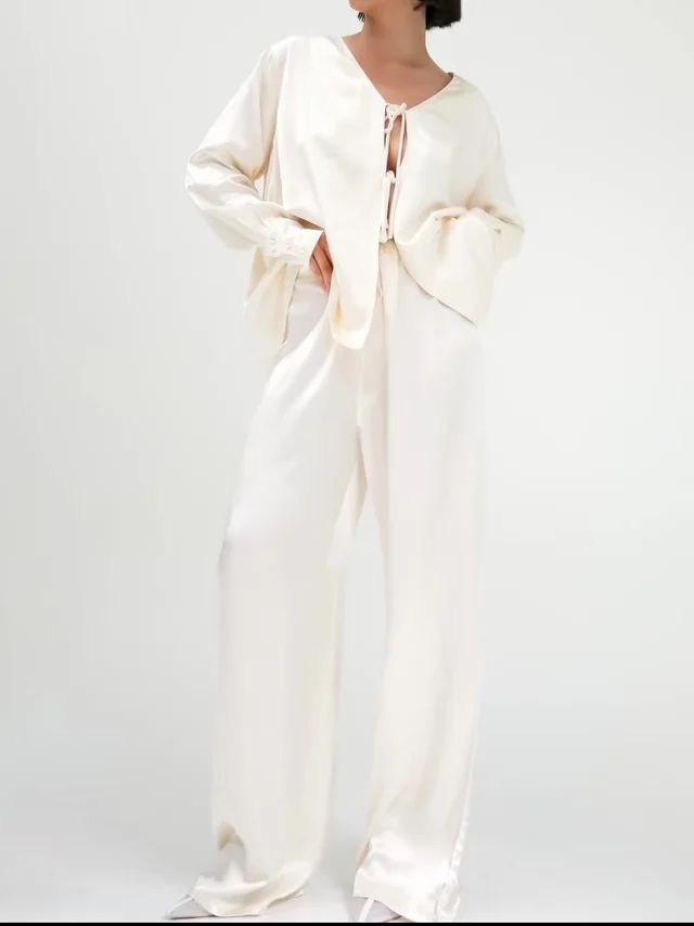 Cream Satin Tie Front Top And Wide Leg Pants Set Cream - Shop at LoveMi