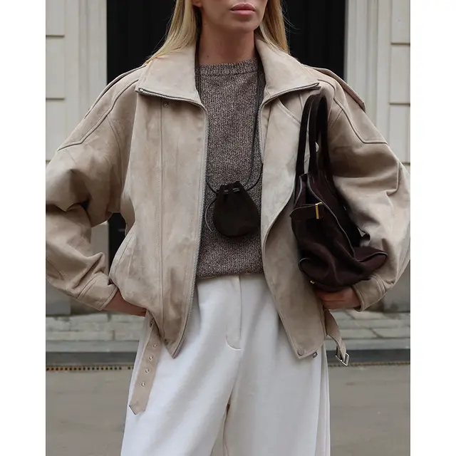 Women's Casual Zip Up Jacket, Fall Long Sleeve Outerwear Coat With Pockets Beige Brown - Shop at LoveMi