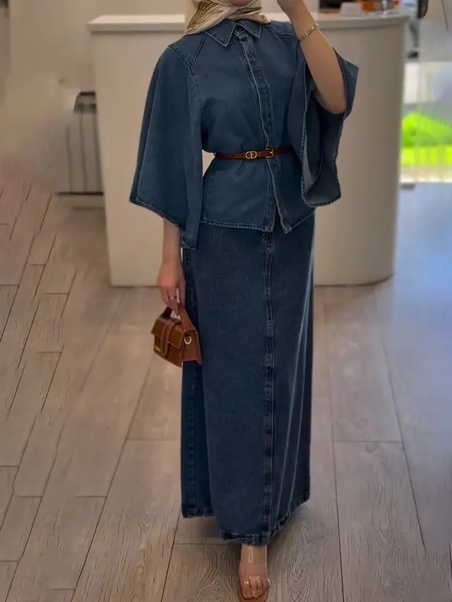 Denim Cape Style Top And Maxi Skirt Set Denim - Shop at LoveMi
