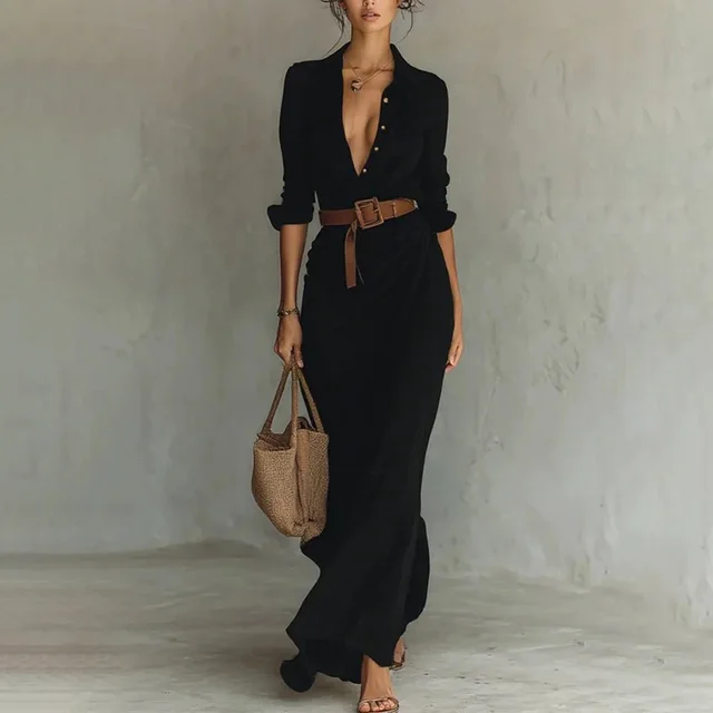 Women Long Sleeve Ruched Elegant Maxi Dress Button Down Shirt Long Dress With Belts Black - Shop at LoveMi