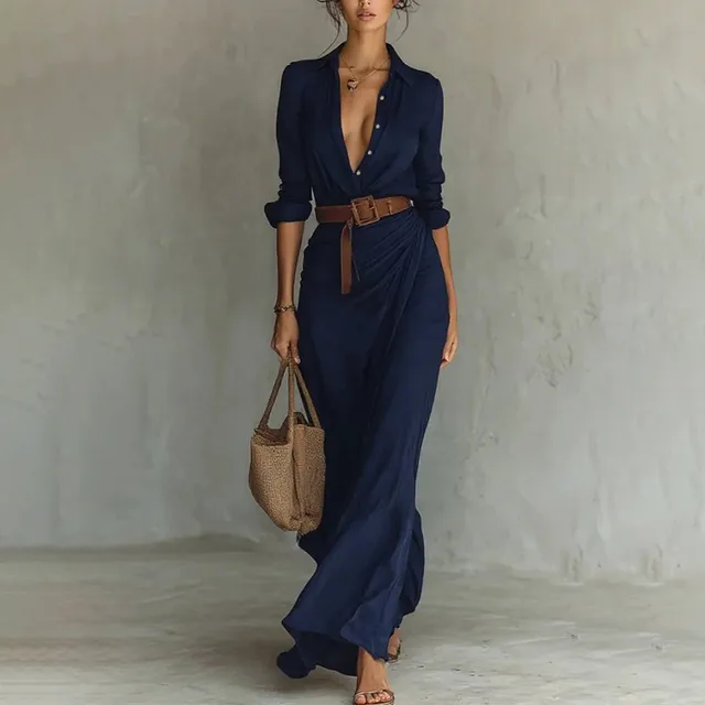 Women Long Sleeve Ruched Elegant Maxi Dress Button Down Shirt Long Dress With Belts Dark Blue - Shop at LoveMi