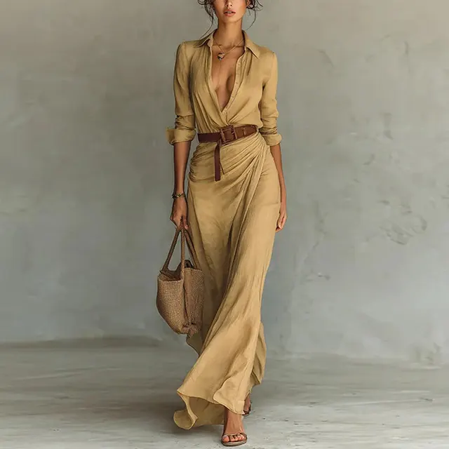 Women Long Sleeve Ruched Elegant Maxi Dress Button Down Shirt Long Dress With Belts Khaki - Shop at LoveMi
