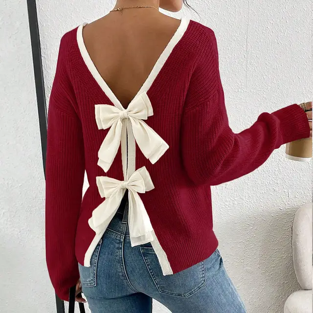 Women's Bow Sweater Long Sleeve Top, Open Back Crew Neck Split Pullover, Fall Trendy Going Out Sweater Wine Red - Shop at LoveMi