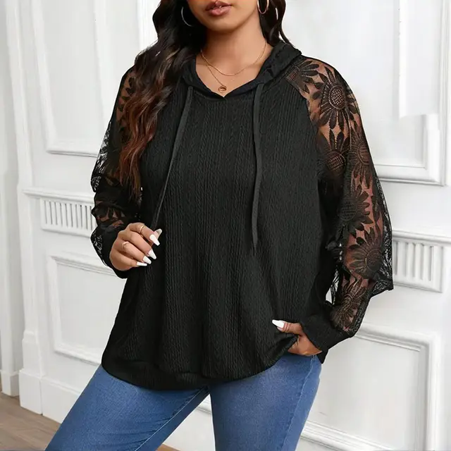 Women's Plus Size Hoodie Lace Long Sleeve Pullover Top, Fall Casual Drawstring Sweatshirt Black - Shop at LoveMi