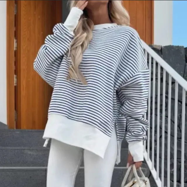 Women's Striped Sweatshirt Size Slit Long Sleeve Shirts For Women Crewneck Hoodies Casual Pullover Top Navy Blue - Shop at LoveMi