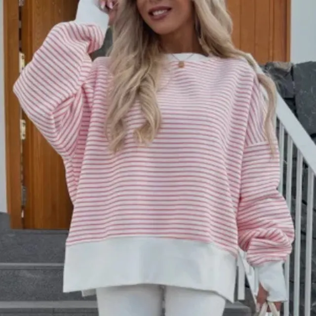 Women's Striped Sweatshirt Size Slit Long Sleeve Shirts For Women Crewneck Hoodies Casual Pullover Top Pink - Shop at LoveMi