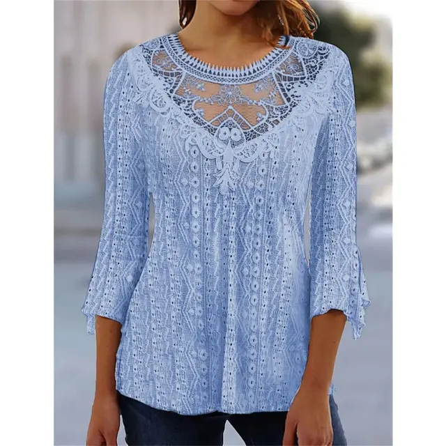 Summer New Comfortable Leisure Hollow Out Perspective Lace Splicing Seven Quarter Sleeve Top Lavender - Shop at LoveMi
