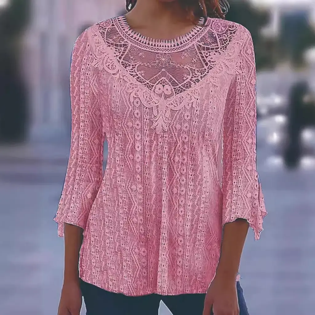 Summer New Comfortable Leisure Hollow Out Perspective Lace Splicing Seven Quarter Sleeve Top - Pink