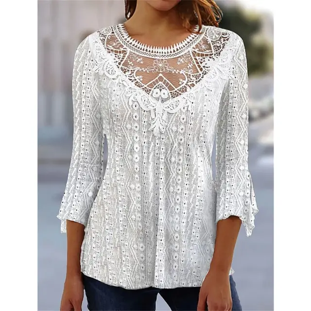 Summer New Comfortable Leisure Hollow Out Perspective Lace Splicing Seven Quarter Sleeve Top White - Shop at LoveMi