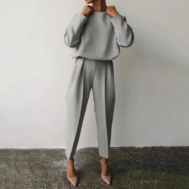 Women's Solid Color 2 Piece Set Round Neck Long Sleeve Top & Pleated Pants Loungewear For Spring & Fall Gray - Shop at LoveMi