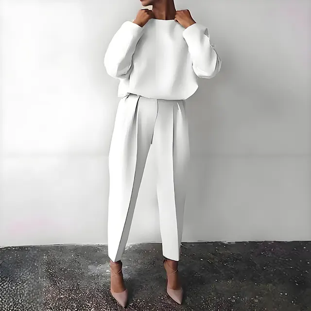 Women's Solid Color 2 Piece Set Round Neck Long Sleeve Top & Pleated Pants Loungewear For Spring & Fall White - Shop at LoveMi