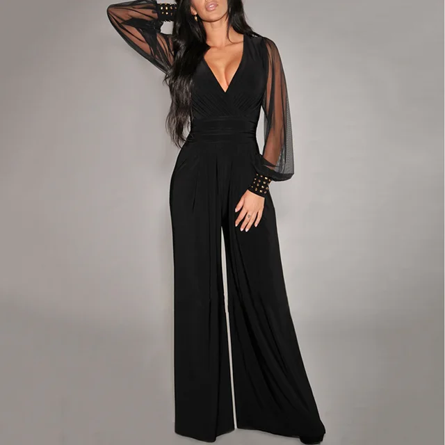 Women's Elegant V Neck Mesh Long Sleeve Loose Wide Leg Romper Party Jumpsuits With Rivet Cuffs Black - Shop at LoveMi