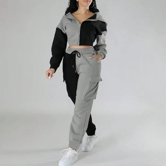 Women's Color Block Set, Full Zip Up Cropped Hoodie Jacket & Drawstring Cargo Pants, Casual Streetwear Outfit Gray - Shop at LoveMi