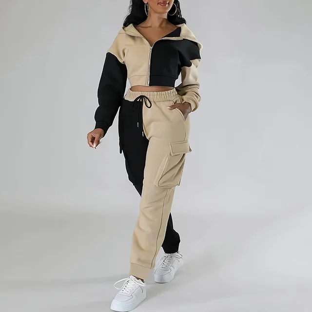 Women's Color Block Set, Full Zip Up Cropped Hoodie Jacket & Drawstring Cargo Pants, Casual Streetwear Outfit Khaki - Shop at LoveMi