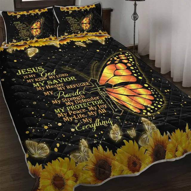 Butterfly And Sunflower Pattern Pet Theme Quilt Set Soft And Warm Bedding Set, Including 1 Quilt And 2 Pillowcases For Home Bedroom Decoration Queen - Shop at LoveMi
