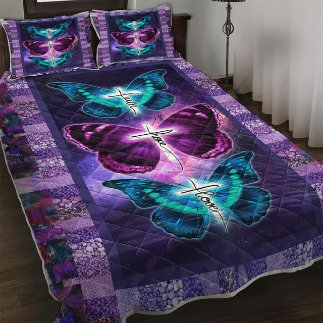 Butterfly Patterned Pet Themed Quilt Set, Soft And Warm Bedding Set, Including 1 Blanket And 2 Pillowcases For Home Bedroom Decoration Queen - Shop at LoveMi