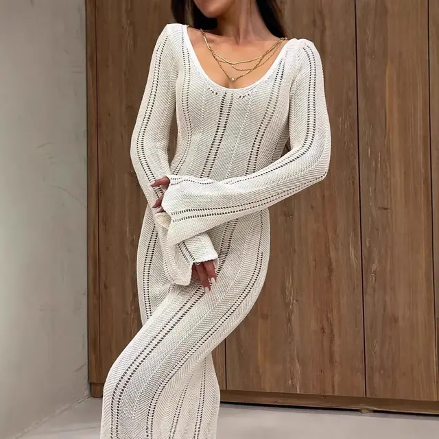 Women's Fashion Elegant V Neck Knitted Dress With Flared Sleeves, Thin Hollow Out Bodycon Maxi Dress White - Shop at LoveMi