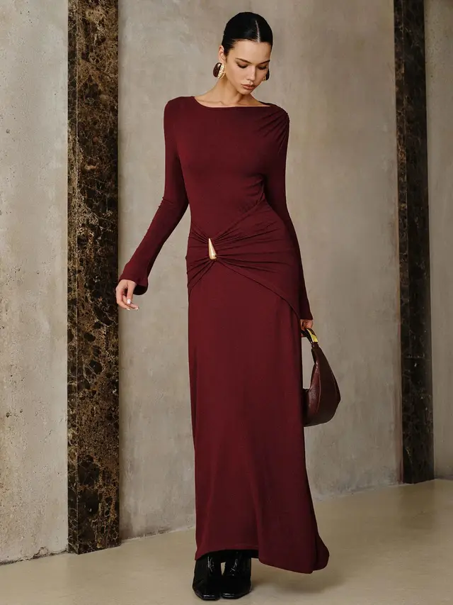 Women's Fashion Elegant Burgundy Long Dress With Metal Accessories, Slim Fit Wine Red - Shop at LoveMi