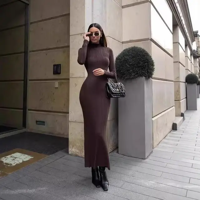 Knitted Turtleneck Long sleeve Bodycon Dress, Long Elegant French style Knitted Dress For Women Coffee Brown - Shop at LoveMi