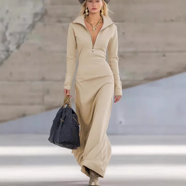 Collared Fashion Slim Fit Elegant Dress For Women Apricot - Shop at LoveMi