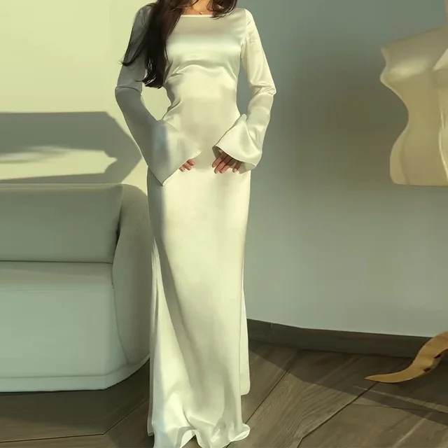 Women's Solid Color Round neck Long sleeve Tie waist Dress With A Relaxed, Elegant Traditional Apricot - Shop at LoveMi