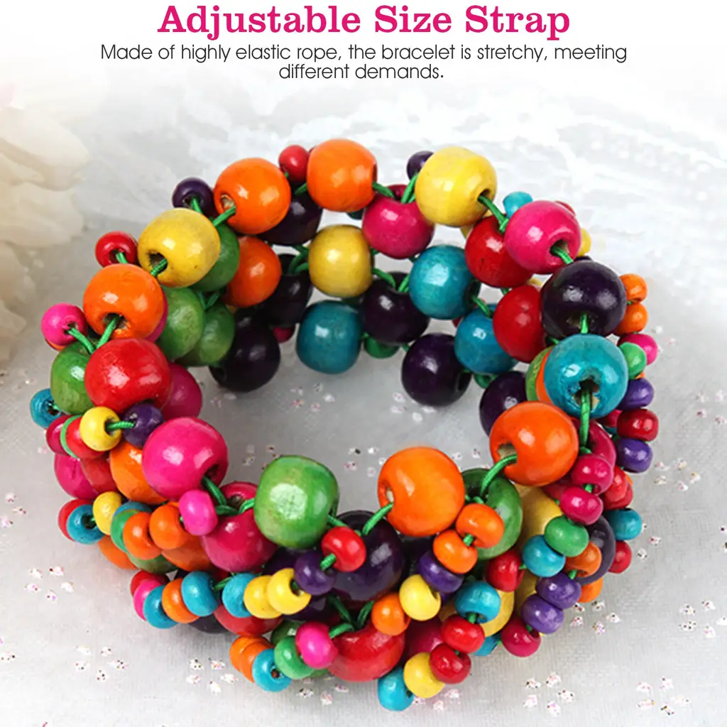 Multi-Color Wooden Beaded Stretchy Bracelet Colorful Exotic Style Elastic Bracelets For Women Girls Children - Multicolor