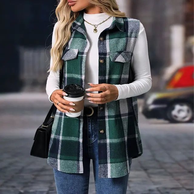 Women's Plaid Print Vest With Lapel Collar Long Sleeveless Button Front Mid Length Jacket For Spring And Fall Layering Green - Shop at LoveMi