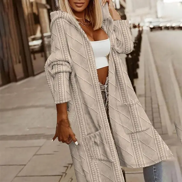 Women's Textured Hooded Longline Jacket, Solid Color Casual Oversized Top With Pockets For Fall & Winter Khaki - Shop at LoveMi