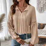Elegant Temperament Blouse With Lace V-neck And Solid Color Pleated Shirt For Women - Khaki