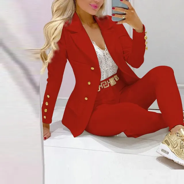 Women's Solid Color Notch Lapel Suit Set, Slim Fit Blazer With Pocket & Trousers, Formal Office Pant Suit Red - Shop at LoveMi