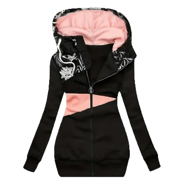 Plus Size Women's Color Block Hooded Jacket, Full Zip Long Sleeve Casual Blazer Coat For Winter Formal And Daily Wear Black - Shop at LoveMi