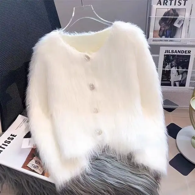 Women's Faux Mink Velvet Knit Cardigan Sweater Coat, Thickened For Autumn And Winter , New Short European Style, Soft And Plush White Owl - Shop at LoveMi