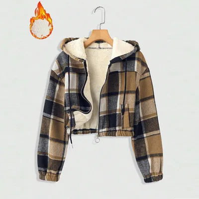 Women's Elegant Plaid Hooded Jacket, Full Zip Lightweight Coat For Winter Casual Wear Dark Brown - Shop at LoveMi