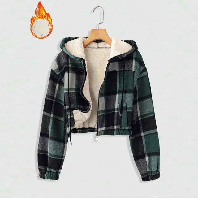 Women's Elegant Plaid Hooded Jacket, Full Zip Lightweight Coat For Winter Casual Wear Dark Green - Shop at LoveMi