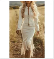 Lady's Long Sleeved Long Length Tassel Dress White - Shop at LoveMi