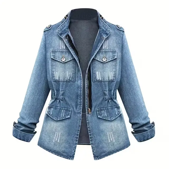 Plus Size Women's Denim Jacket, Solid Color Stand Collar Long Sleeve Zip Front Coat With Button Accents Blue - Shop at LoveMi