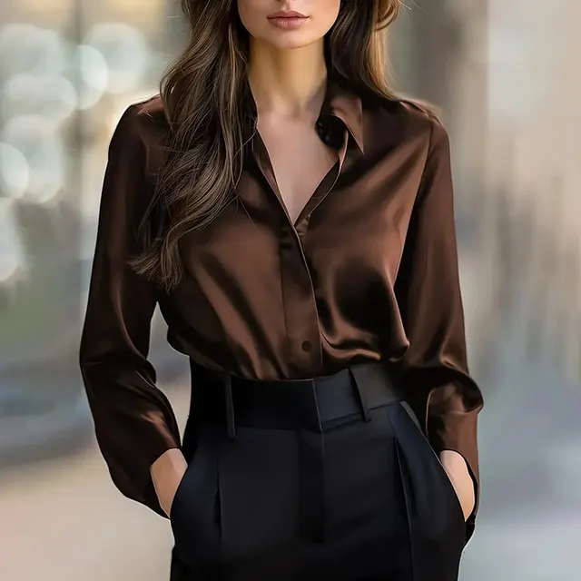 Elegant Women's Solid Color Lapel Shirt Long Sleeve Button Down Blouse For Office And Formal Wear Coffee - Shop at LoveMi