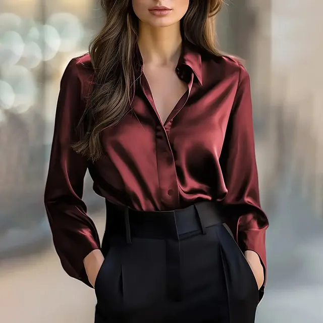 Elegant Women's Solid Color Lapel Shirt Long Sleeve Button Down Blouse For Office And Formal Wear Wine Red - Shop at LoveMi