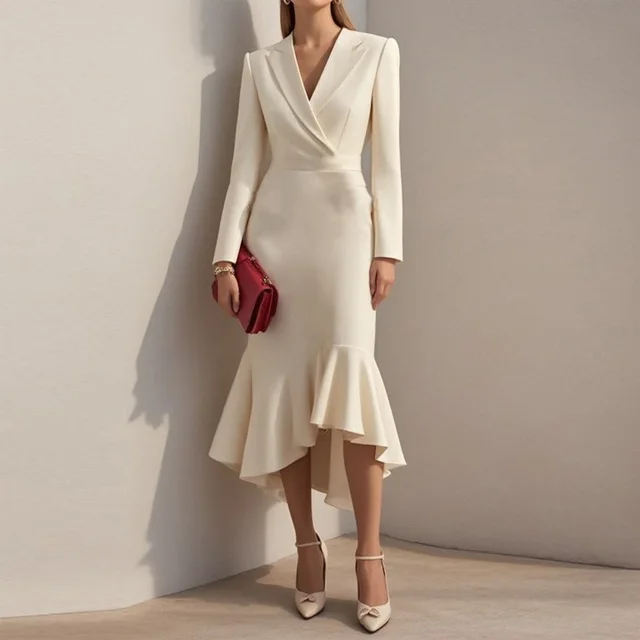 Women's Solid Color Notch Lapel Mermaid Dress Bodycon Office Dress With Asymmetrical Hem For Formal Events Apricot - Shop at LoveMi
