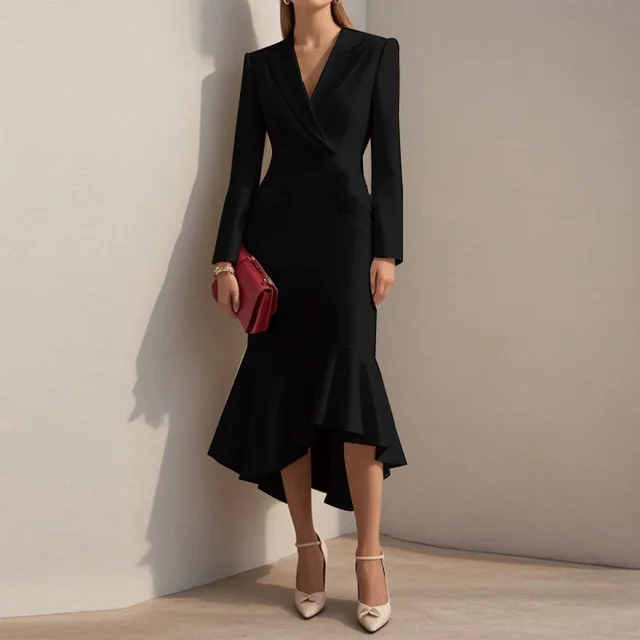 Women's Solid Color Notch Lapel Mermaid Dress Bodycon Office Dress With Asymmetrical Hem For Formal Events Black - Shop at LoveMi