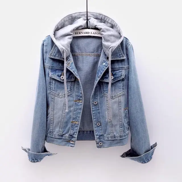 Plus Size Women's Denim Short Jacket, Hooded Cropped Zip Up Coat With Pockets For Street Style Layering Light Blue - Shop at LoveMi