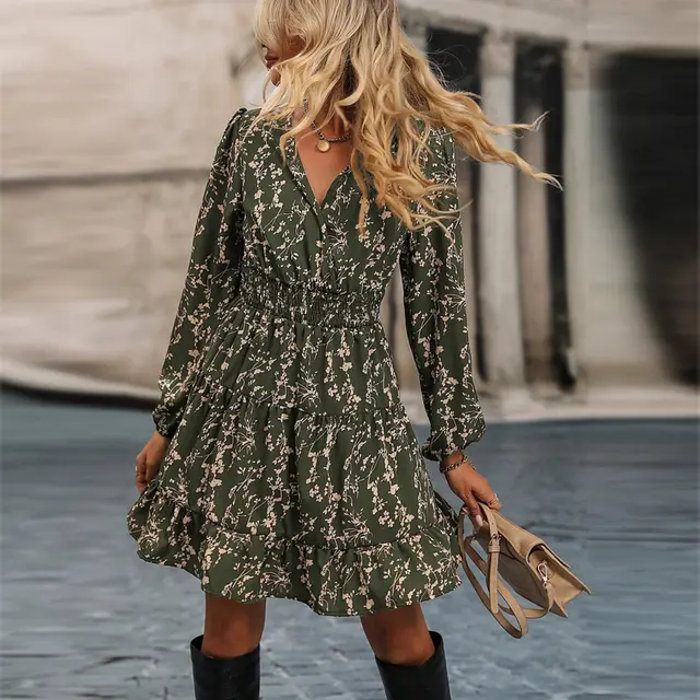 Women's Floral Print A Line Dress With Cross V Neck Elegant Long Sleeve Swing Dress For Fall & Winter Army Green - Shop at LoveMi