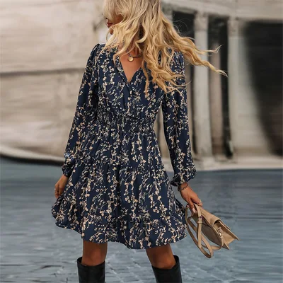 Women's Floral Print A Line Dress With Cross V Neck Elegant Long Sleeve Swing Dress For Fall & Winter Dark Blue - Shop at LoveMi