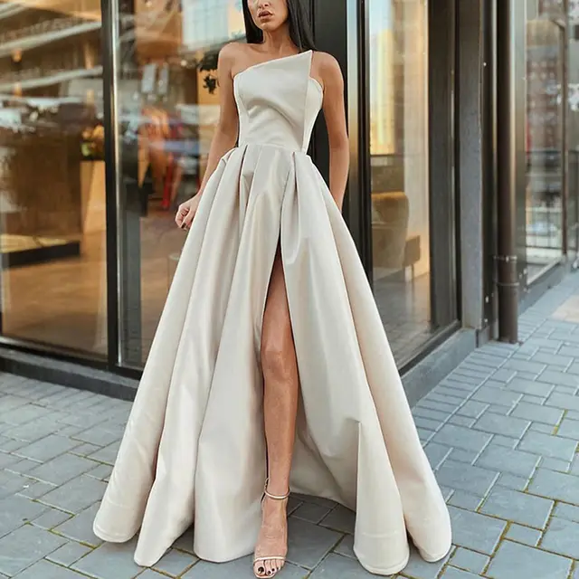 Women's Solid Color Strapless Evening Gown, High Slit Ruched Bust And Flared Skirt For Banquet & Formal Events Apricot - Shop at LoveMi