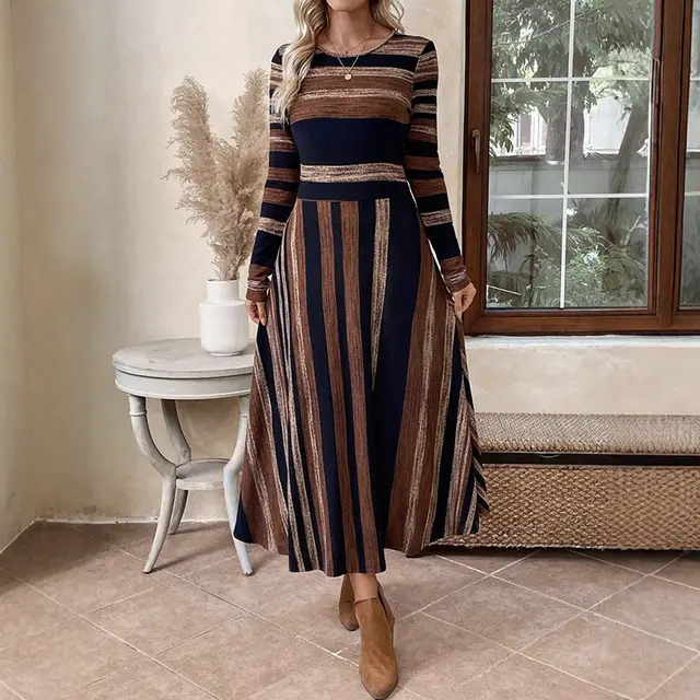 Women's Vintage Maxi Dress, Long Sleeve Crewneck Empire Waist Long Dress, Slim Fit Fall Casual Boho Chic Dress Default - Shop at LoveMi