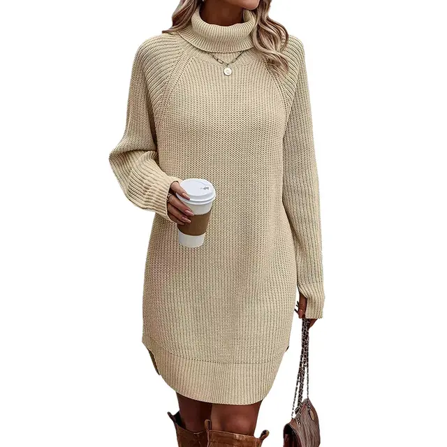 Women's Turtleneck Sweater Dress, Fall Long Sleeve Knit Pullover Mini Dress, Casual Short Sweater Dresses Apricot - Shop at LoveMi