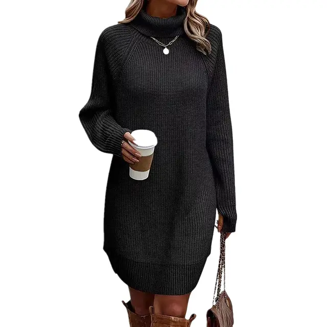 Women's Turtleneck Sweater Dress, Fall Long Sleeve Knit Pullover Mini Dress, Casual Short Sweater Dresses Black - Shop at LoveMi