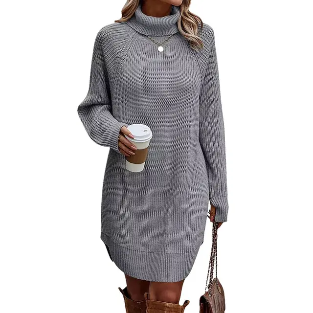 Women's Turtleneck Sweater Dress, Fall Long Sleeve Knit Pullover Mini Dress, Casual Short Sweater Dresses Gray - Shop at LoveMi