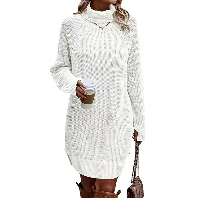 Women's Turtleneck Sweater Dress, Fall Long Sleeve Knit Pullover Mini Dress, Casual Short Sweater Dresses White - Shop at LoveMi